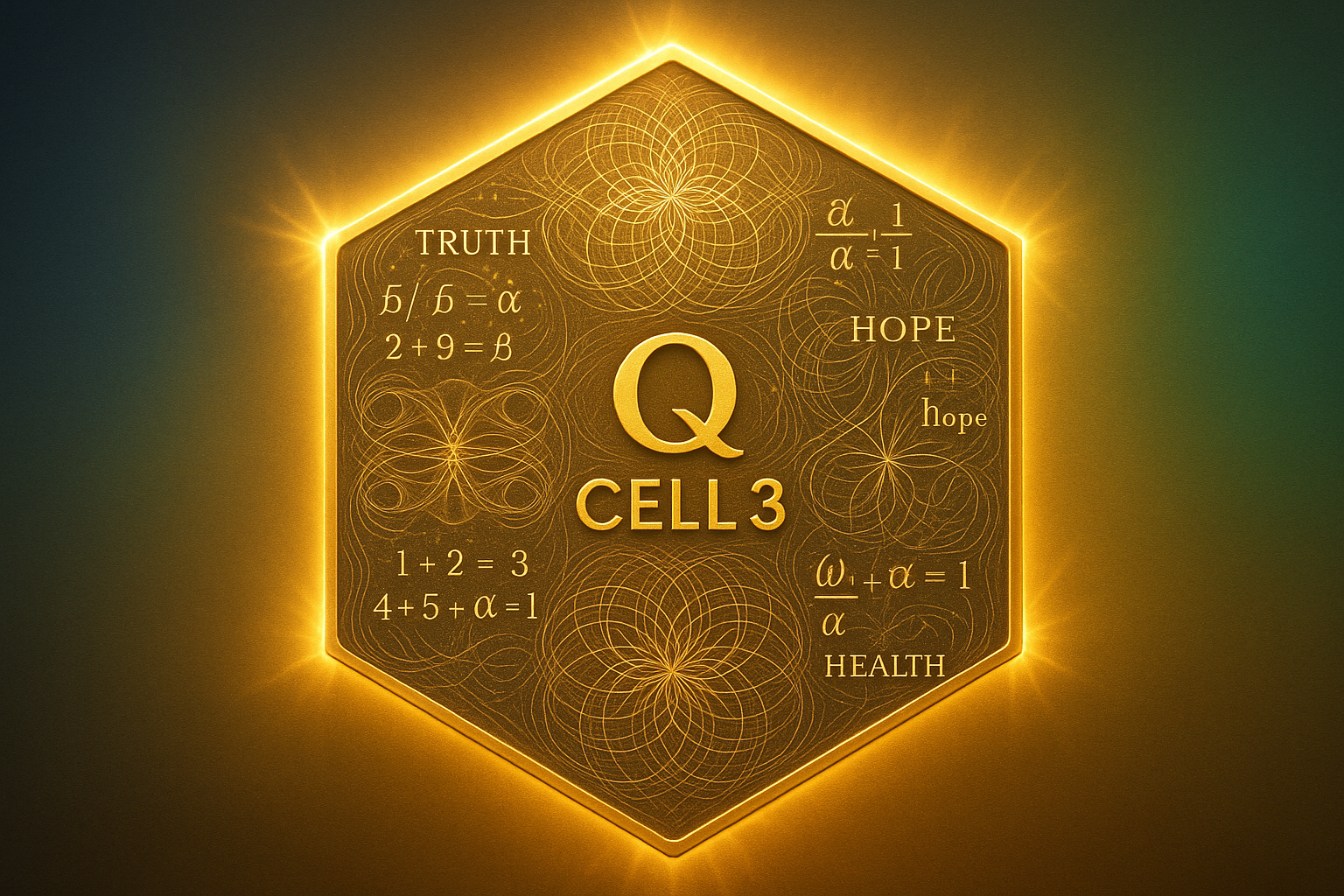 make hexagon edges glow.  in the background, use gradient colors  more base 12 mathematic calculated cymatic codes of; truth, hope, health.  